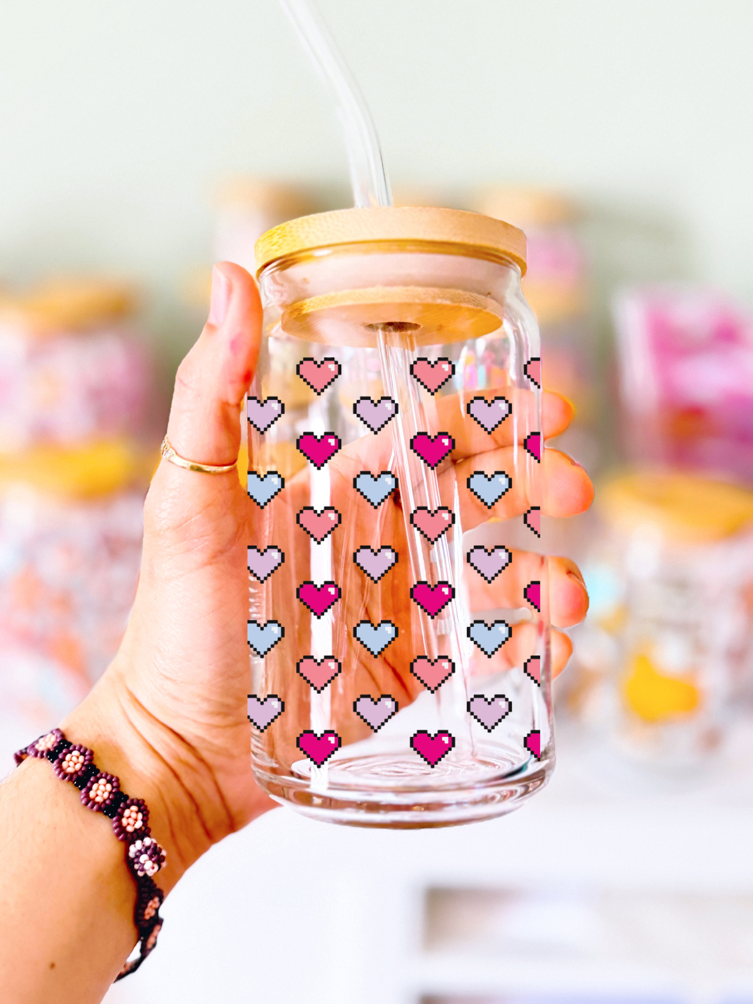 Pixel Hearts Glass Can