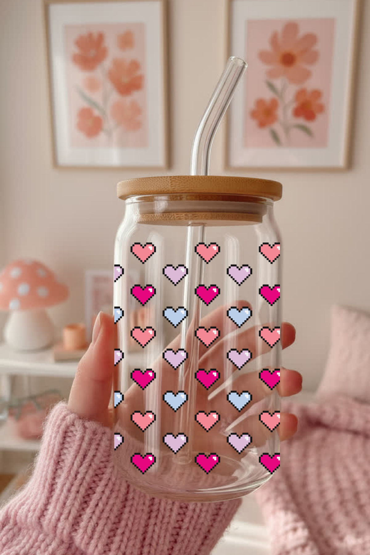 Pixel Hearts Glass Can