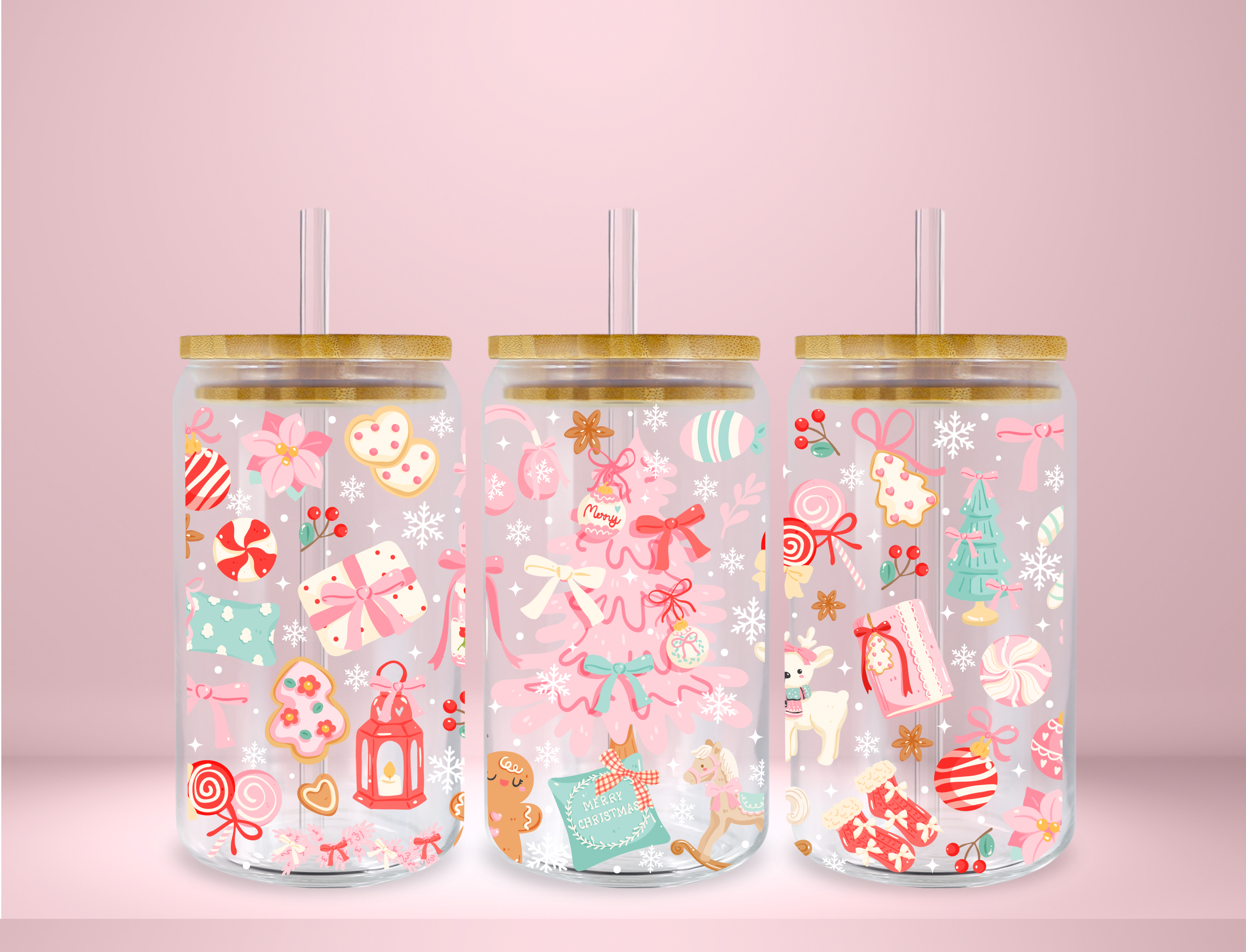 Pink Christmas Glass Can