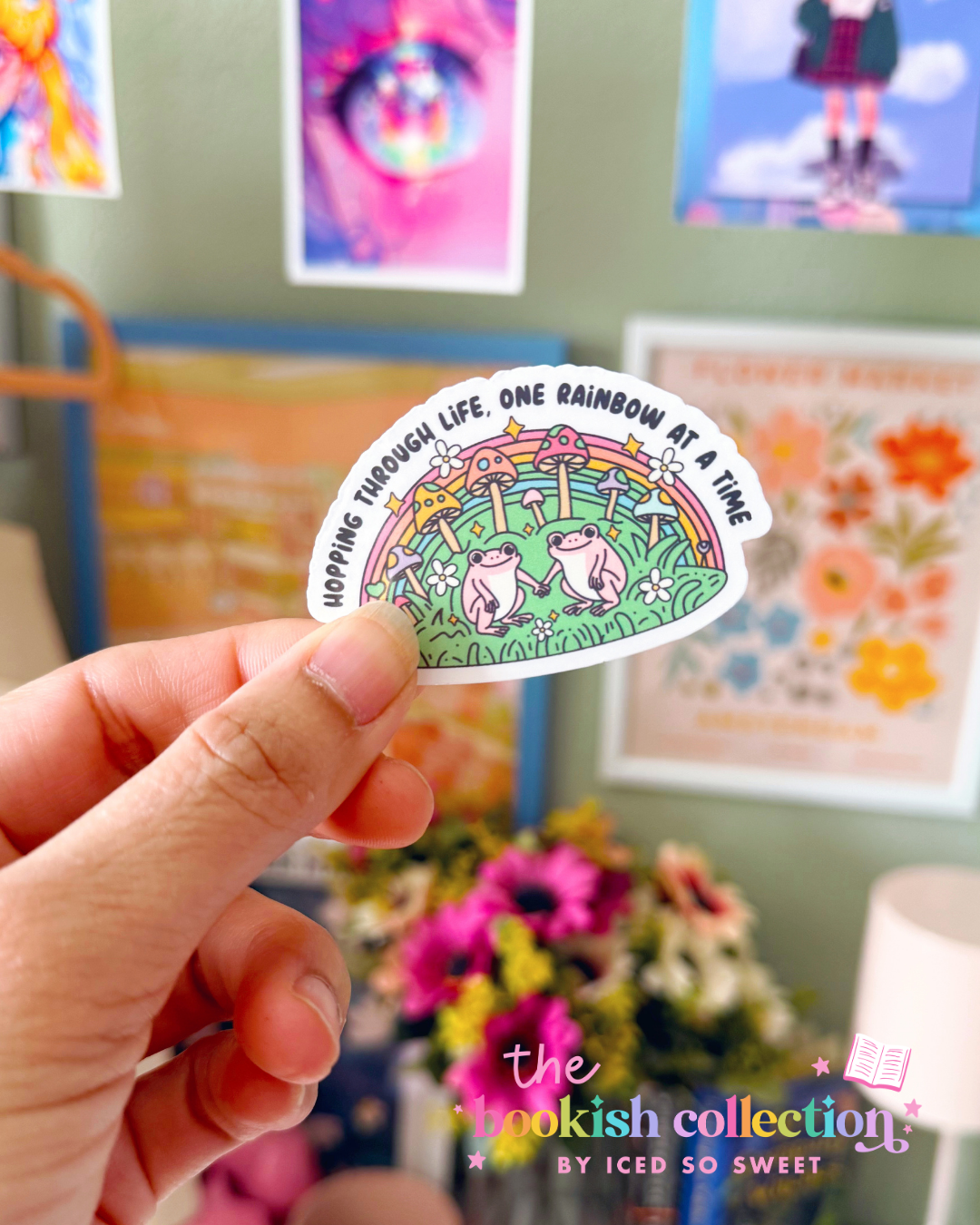 Hopping Through Life One Rainbow at a Time Water-Resistant Vinyl Sticker | Cute Frog Sticker | Approx. 2.5 Inches