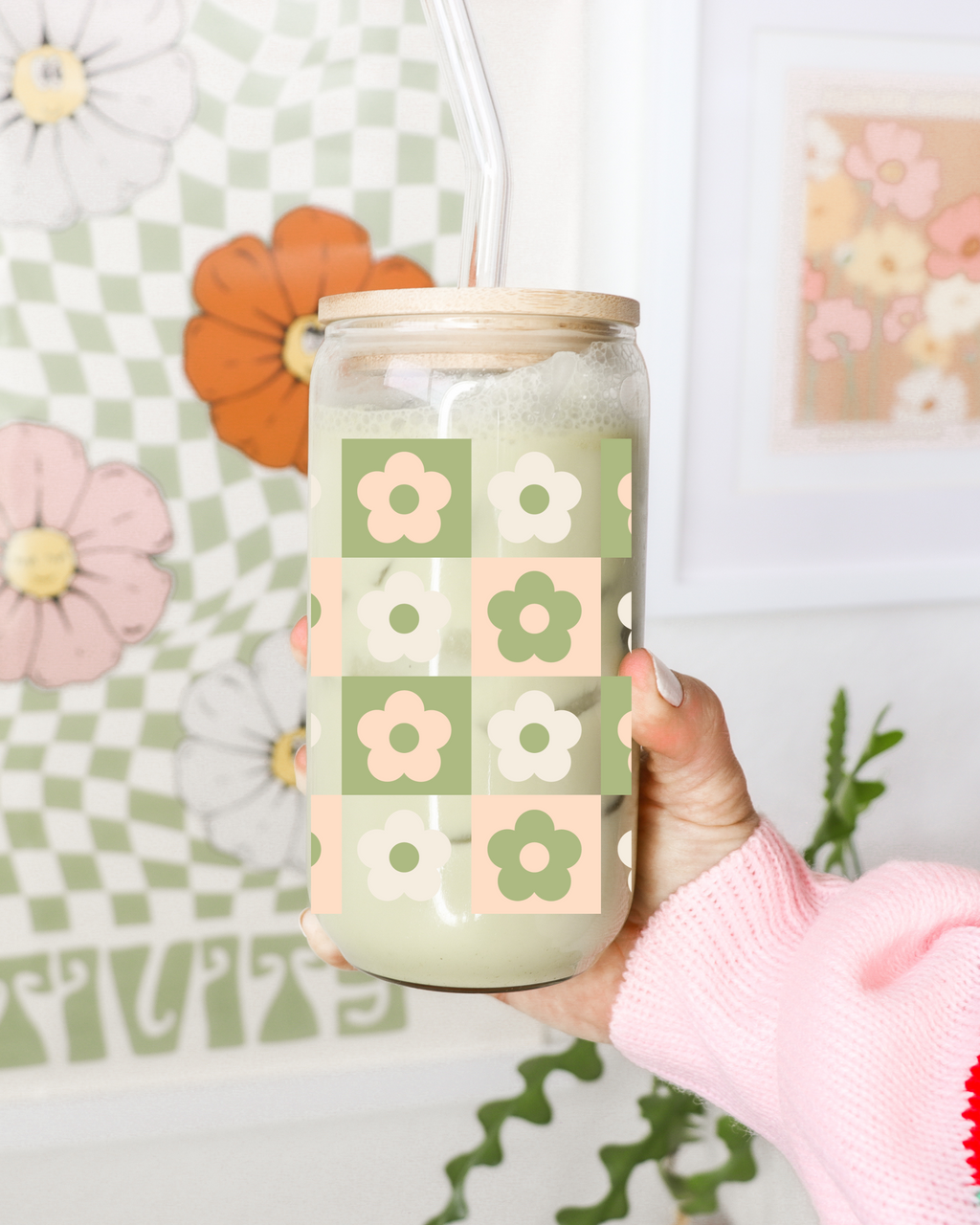 Matcha Green Checkered Flower Glass Can