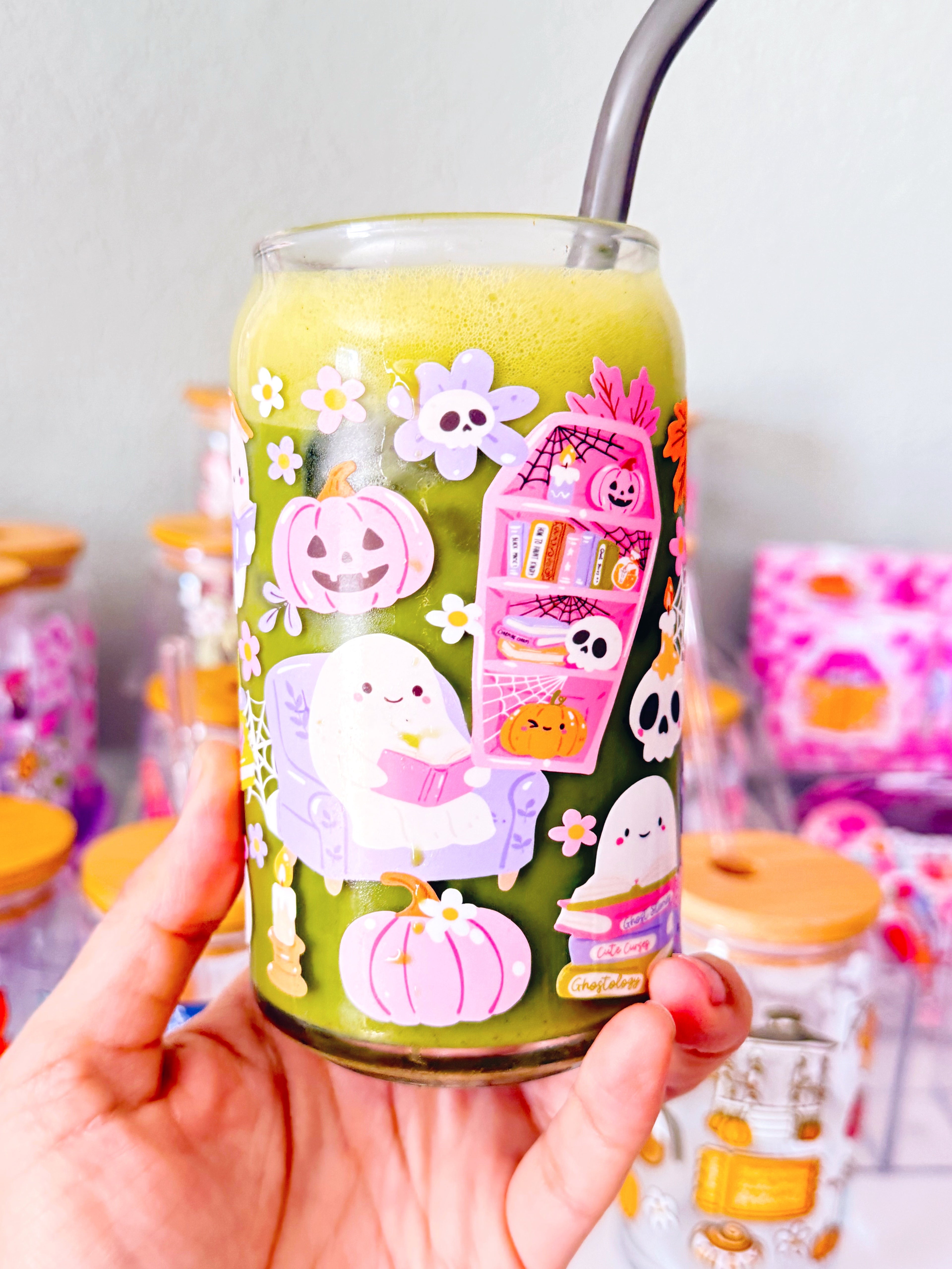 Cozy Ghost Library Glass Cup | 16 oz Iced Coffee Cup | Cute Halloween Book Lover Cup | Spooky Fall Aesthetic Drinkware | Ghost Reading Glass Can