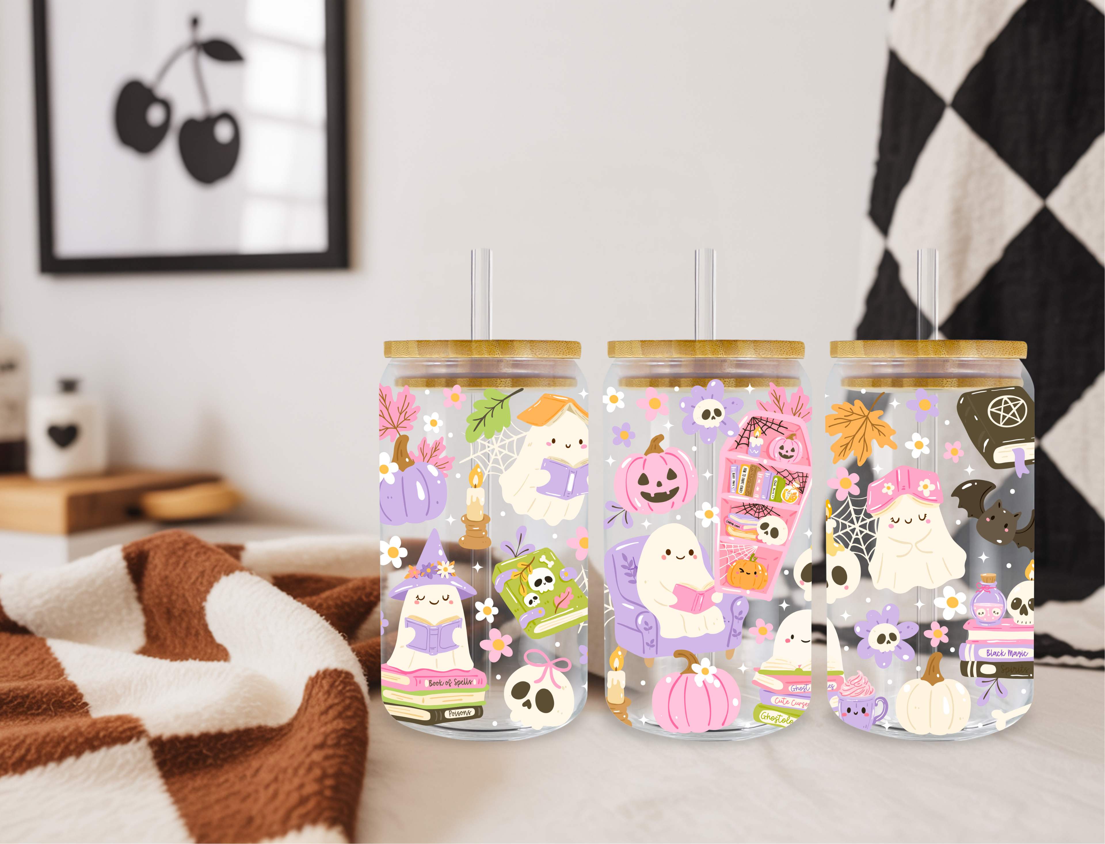 Cozy Ghost Library Glass Cup | 16 oz Iced Coffee Cup | Cute Halloween Book Lover Cup | Spooky Fall Aesthetic Drinkware | Ghost Reading Glass Can