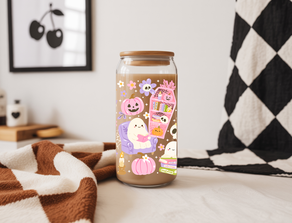 Cozy Ghost Library Glass Cup | 16 oz Iced Coffee Cup | Cute Halloween Book Lover Cup | Spooky Fall Aesthetic Drinkware | Ghost Reading Glass Can