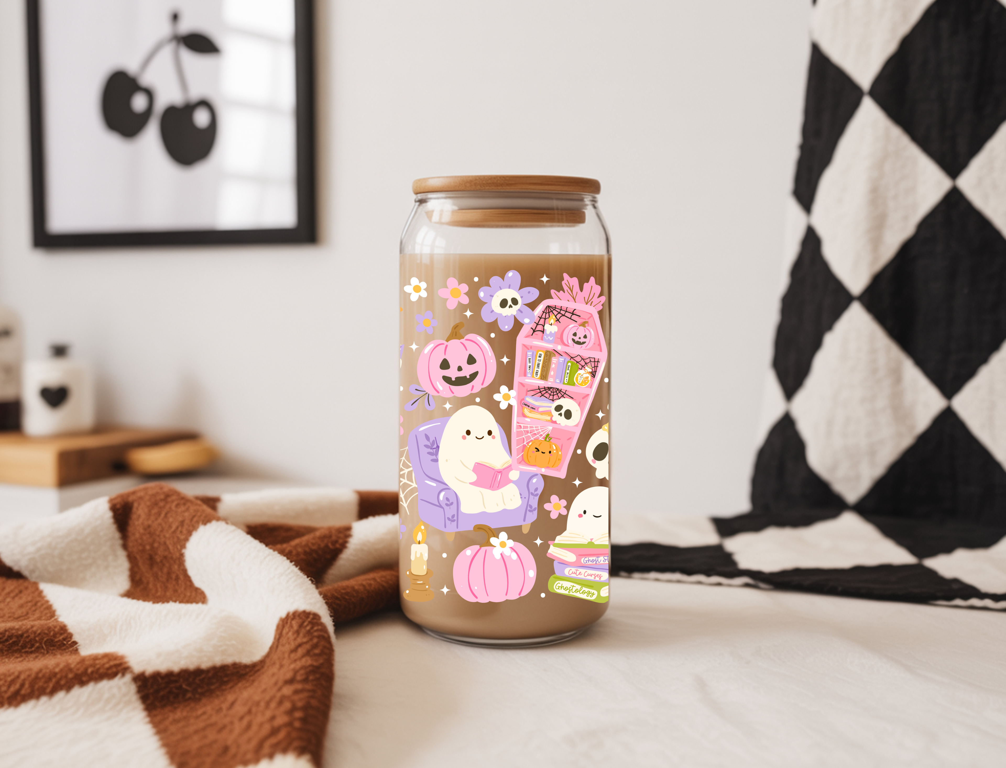 Cozy Ghost Library Glass Cup | 16 oz Iced Coffee Cup | Cute Halloween Book Lover Cup | Spooky Fall Aesthetic Drinkware | Ghost Reading Glass Can