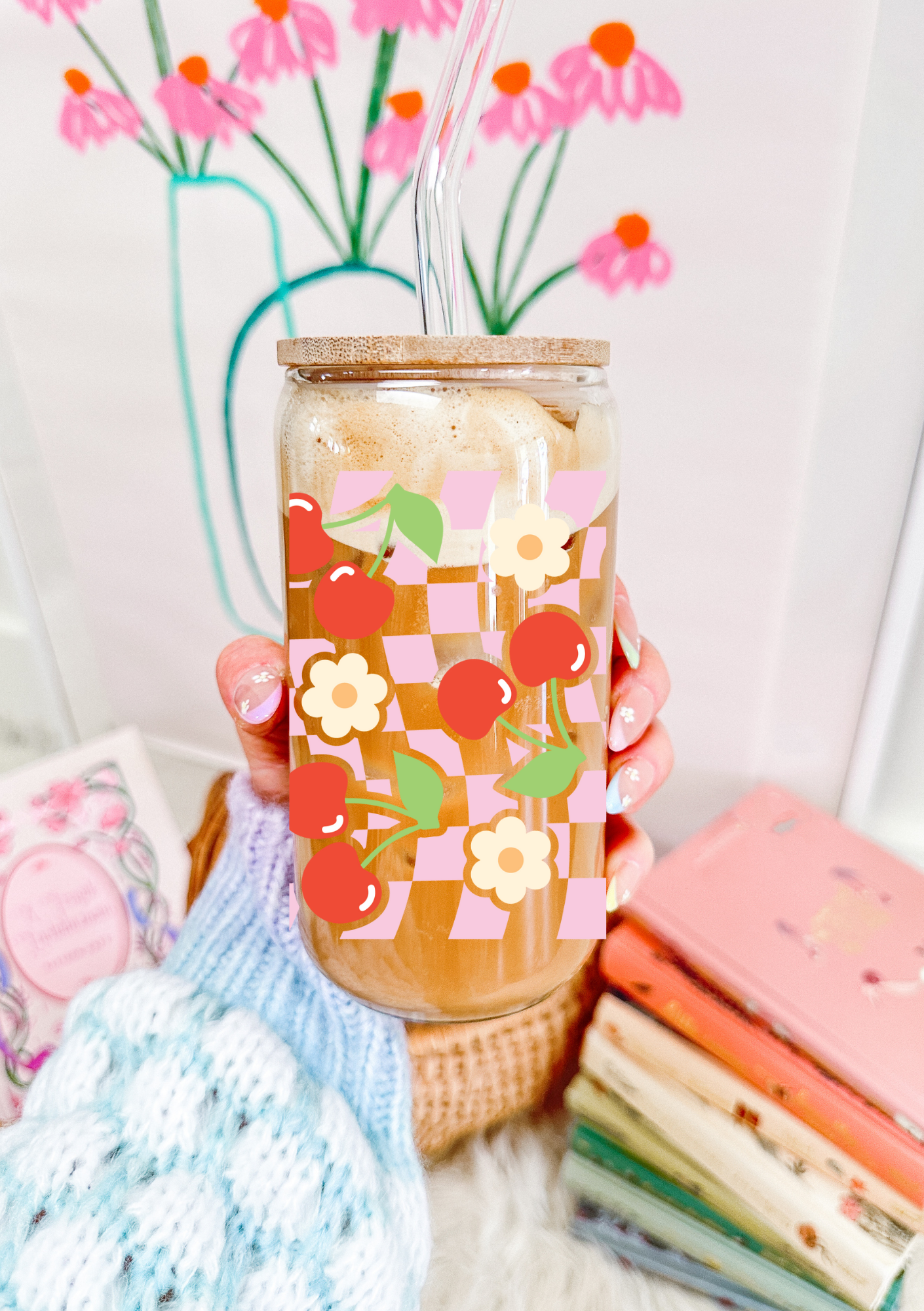 Checkered Cherries Glass Can