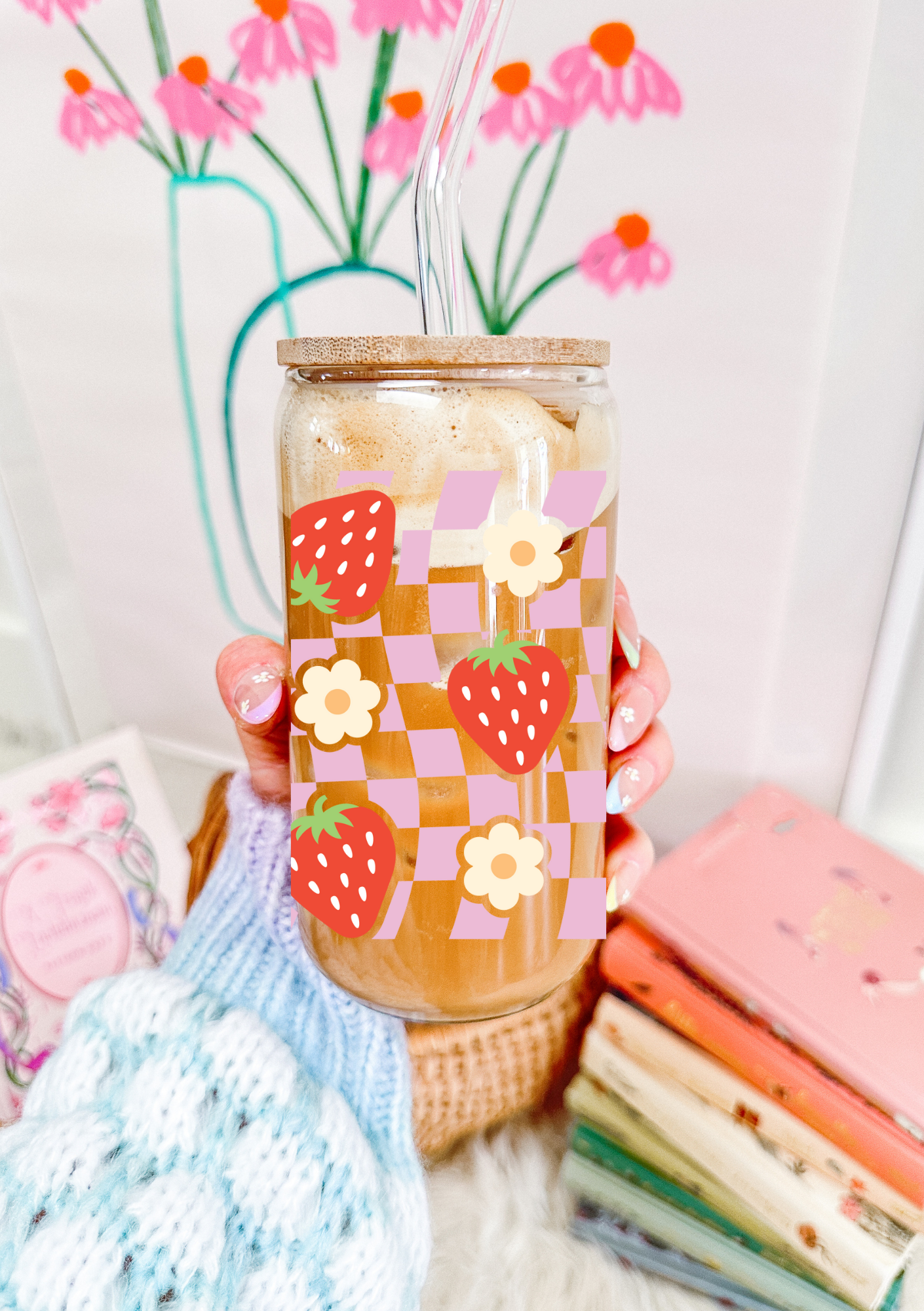 Checkered Strawberry Glass Can