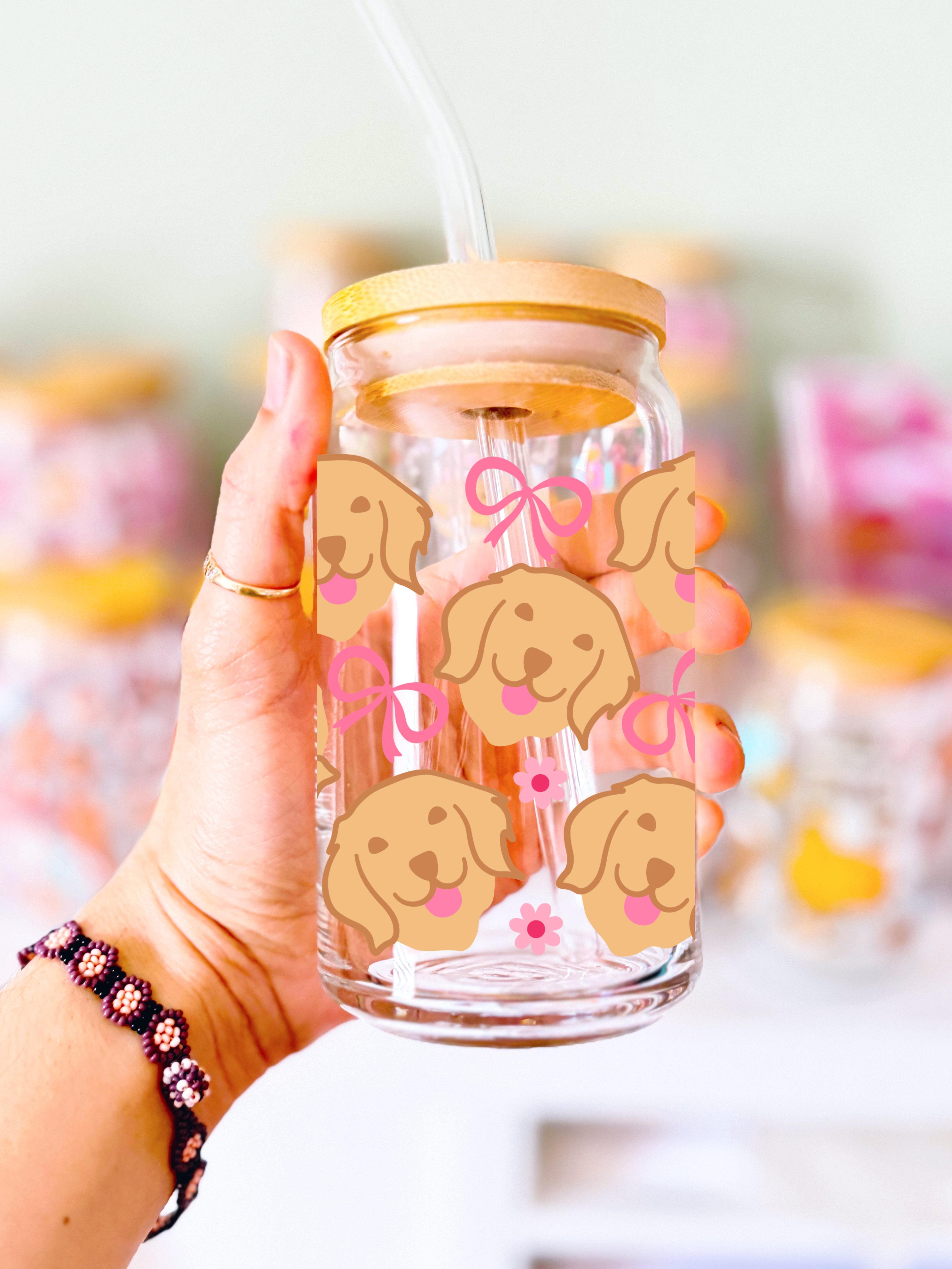 Golden Retriever & Bows Glass Can