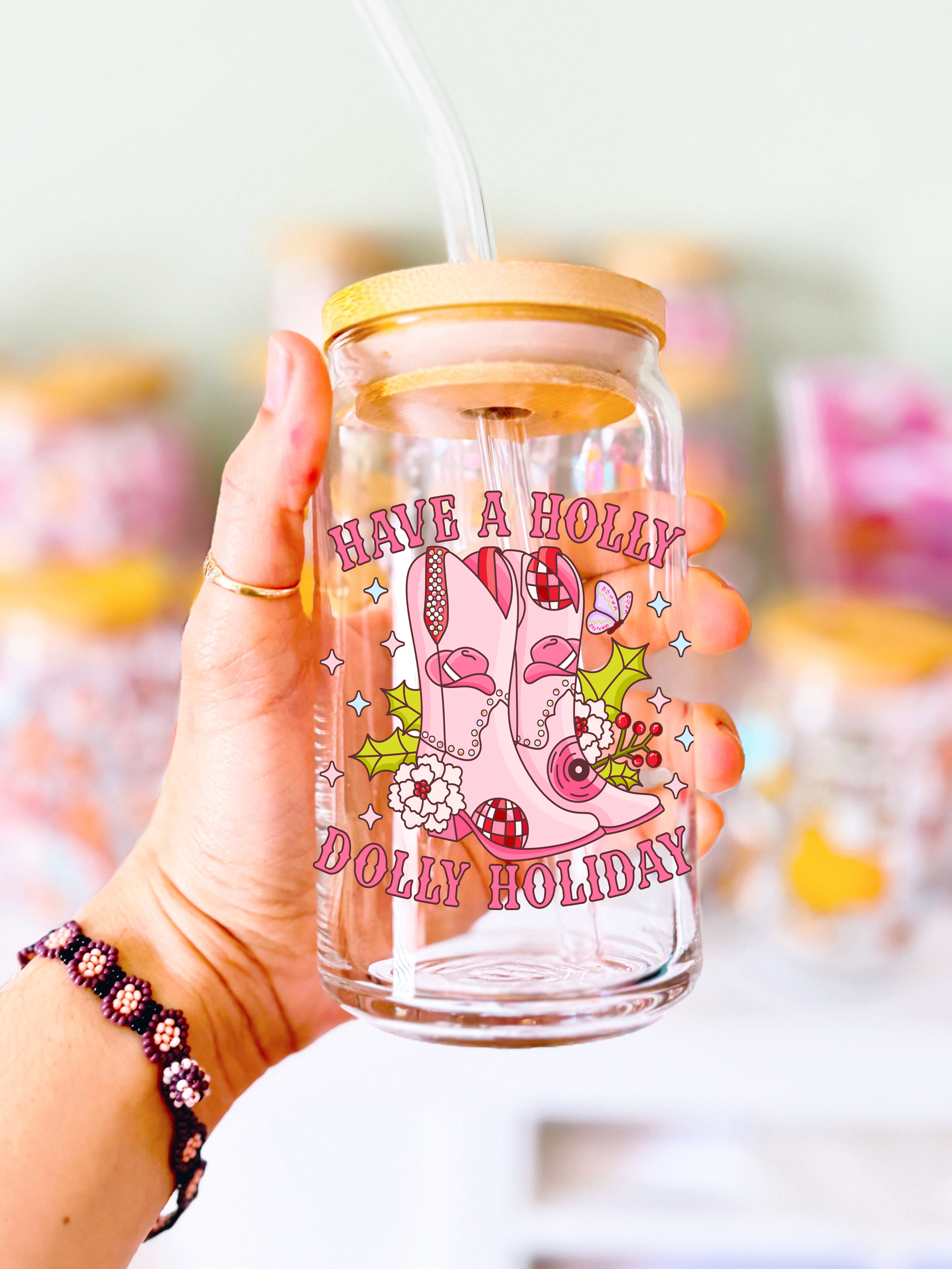 Have a Holly Dolly Holiday Glass Can