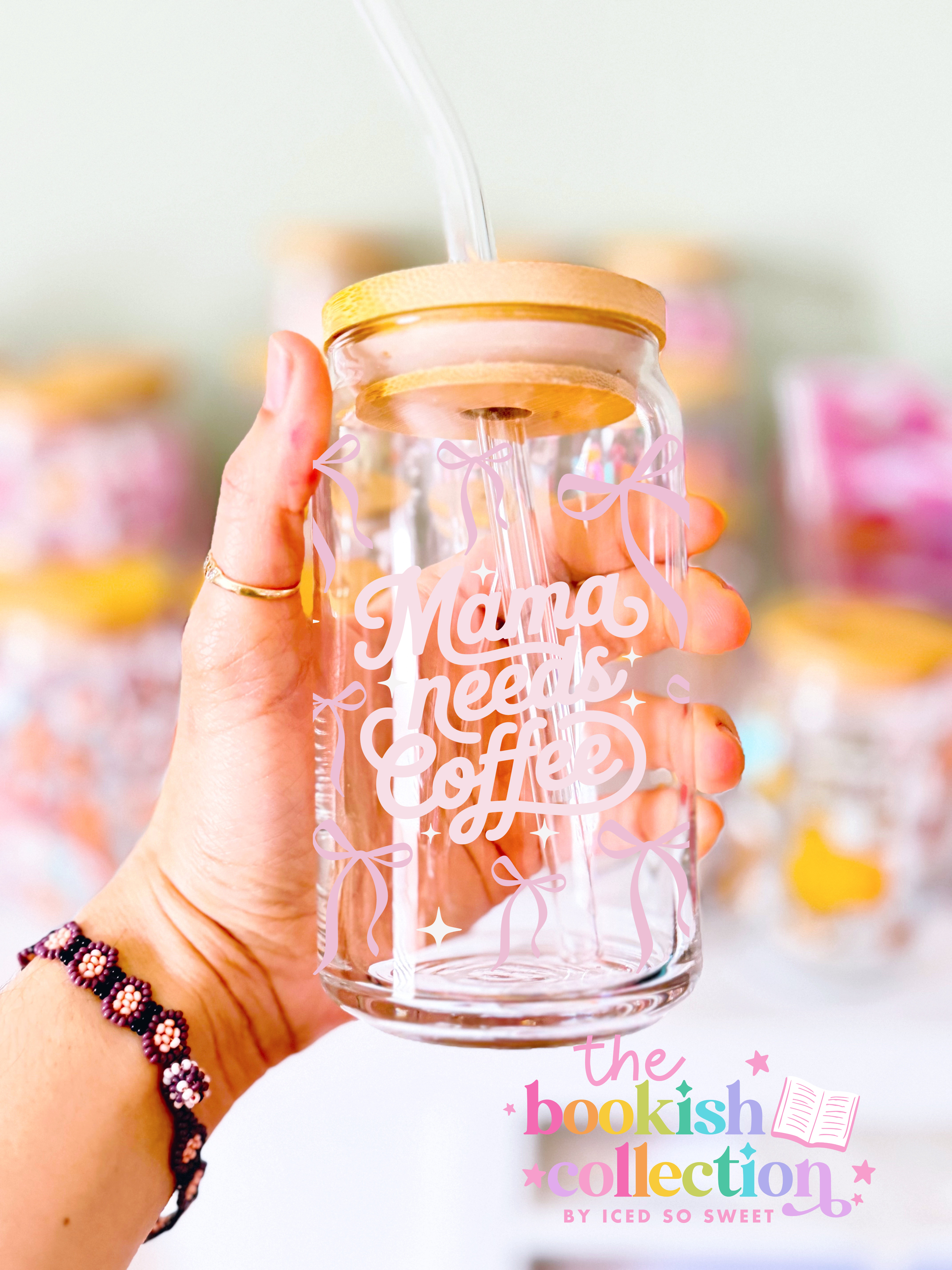 Mama Needs Coffee Glass Can Cup | 16 oz Coquette Mom Cup | Cute Pink Bow Iced Coffee Cup
