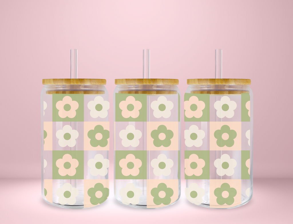 Matcha Green Checkered Flower Glass Can