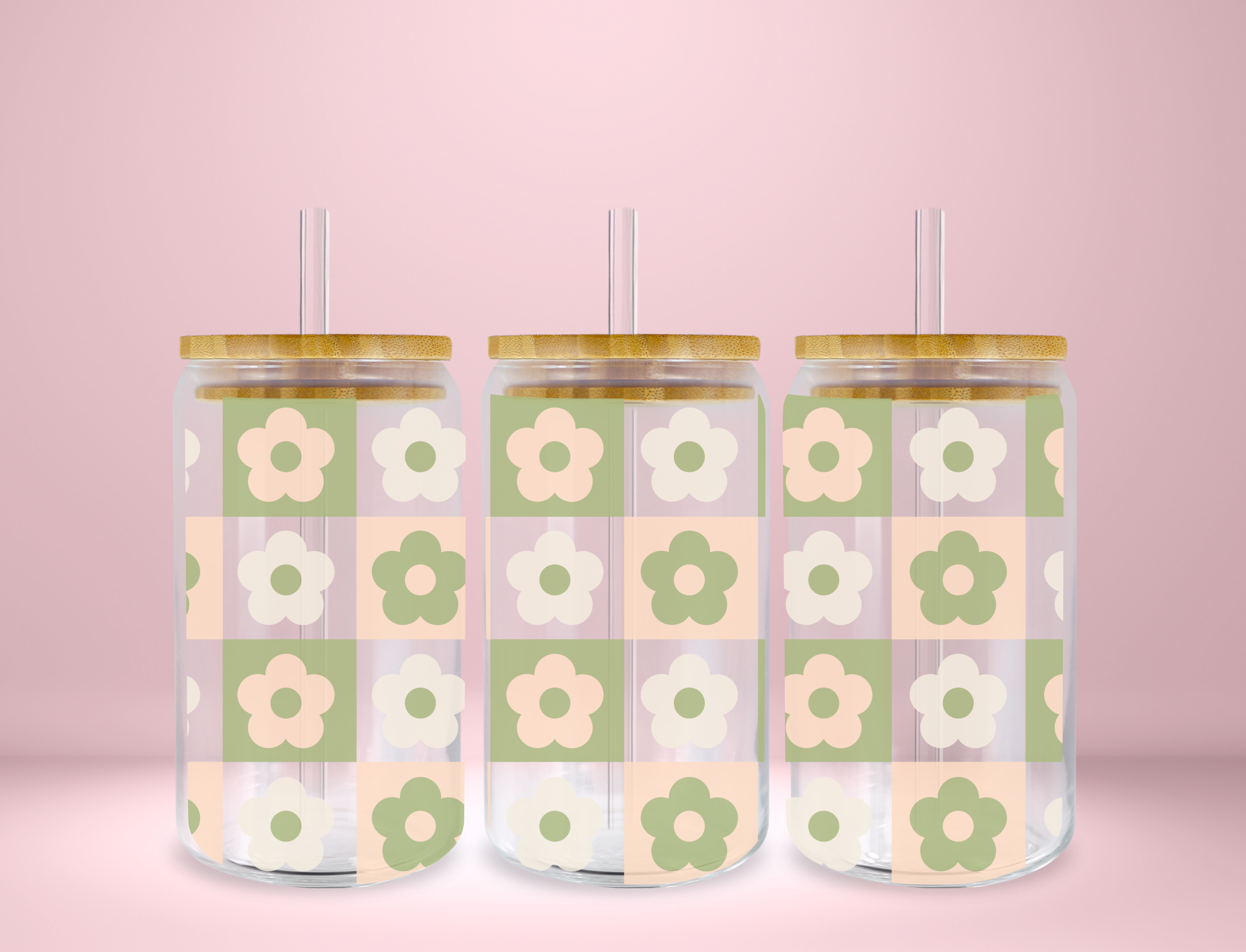 Matcha Green Checkered Flower Glass Can