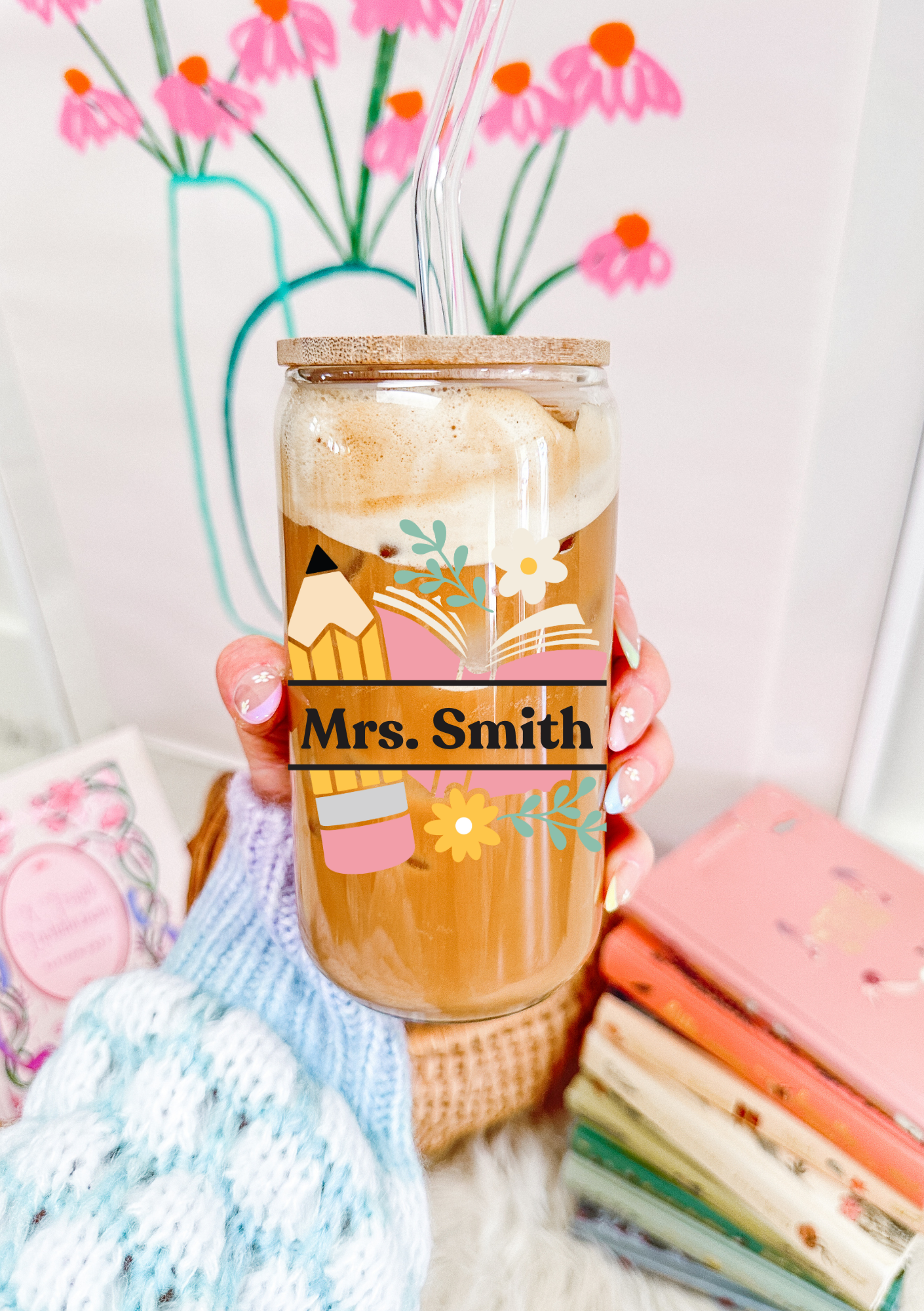 Personalize Teacher Pencil and Books Glass Can