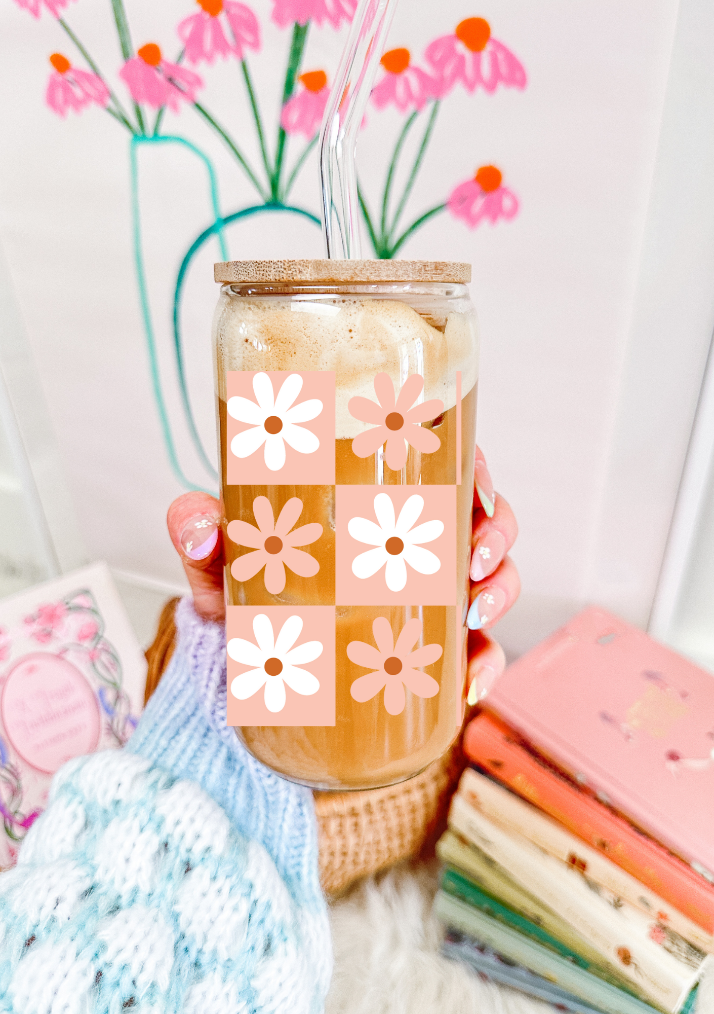 Pink Check Flower  Glass Can
