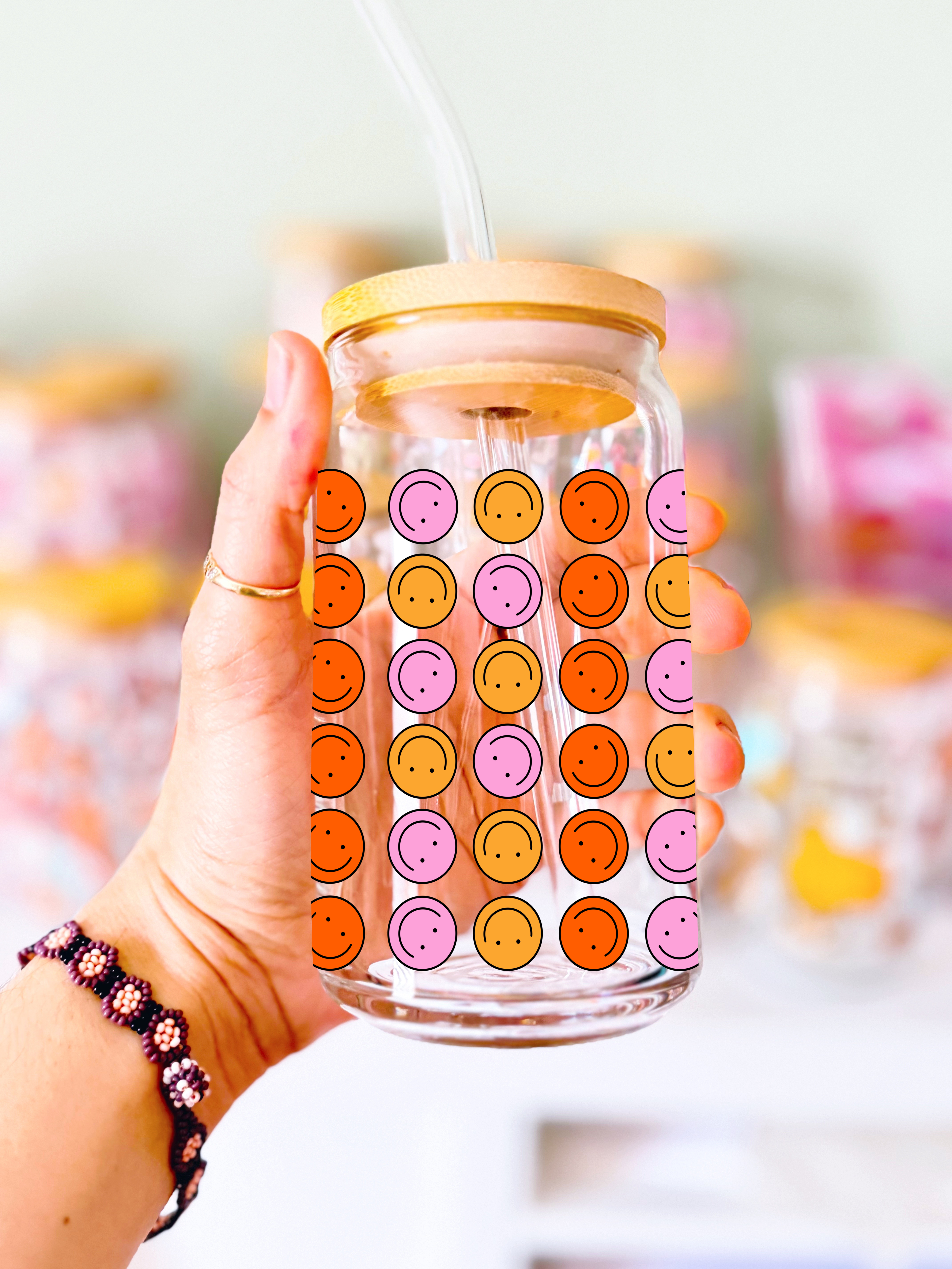 Smiley Face Grid Glass Can