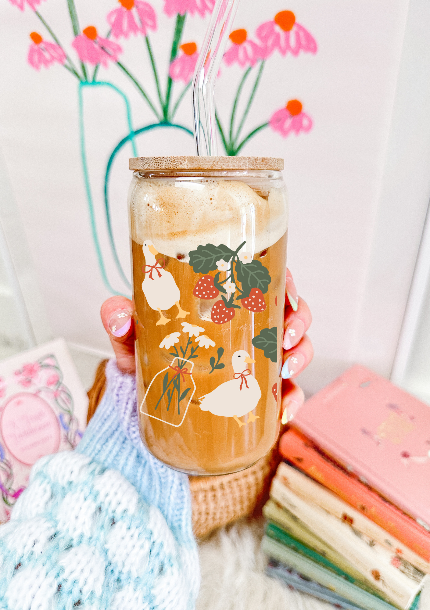 Strawberry Cottage Core Glass Can