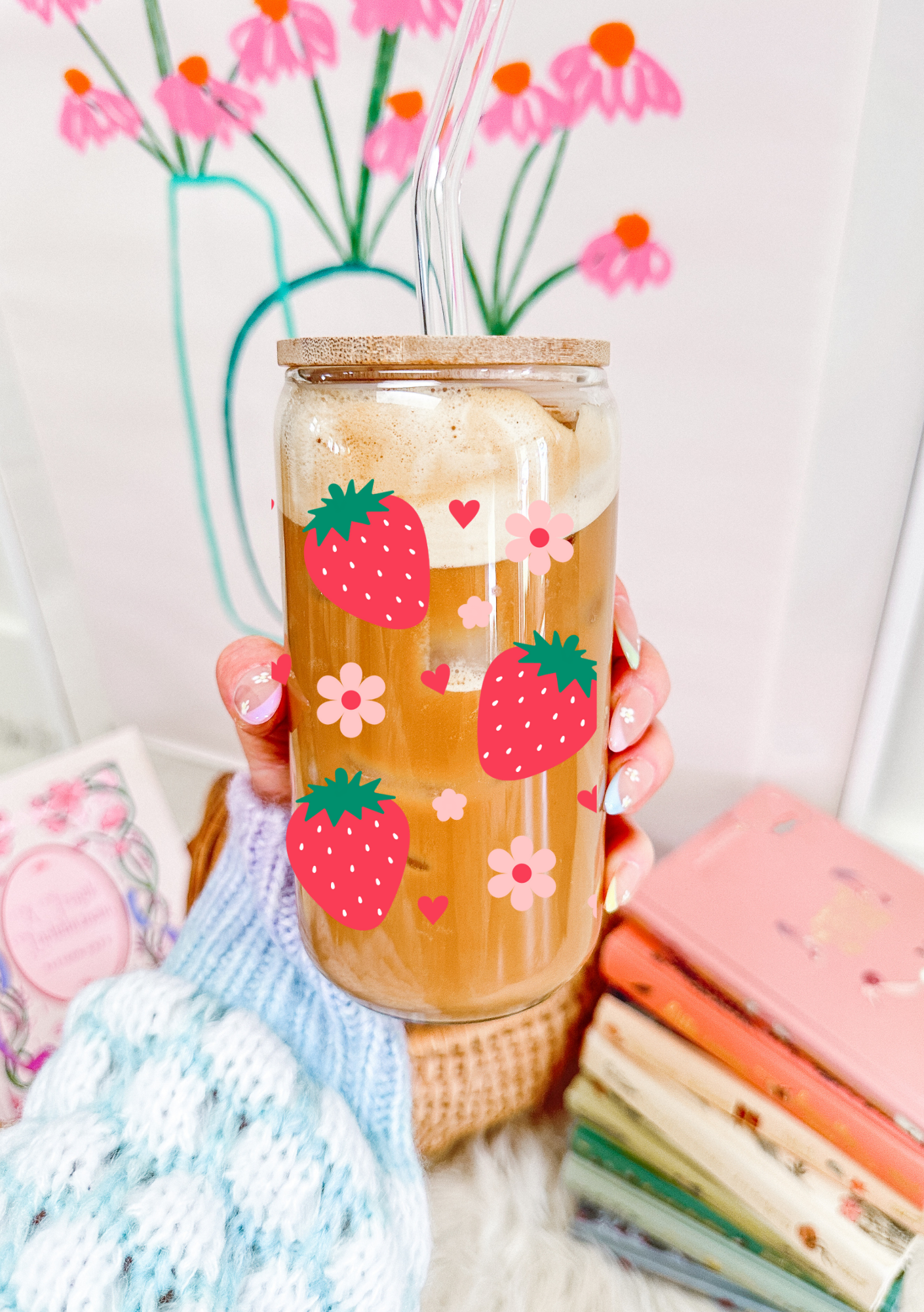 Strawberry Floral Glass Can
