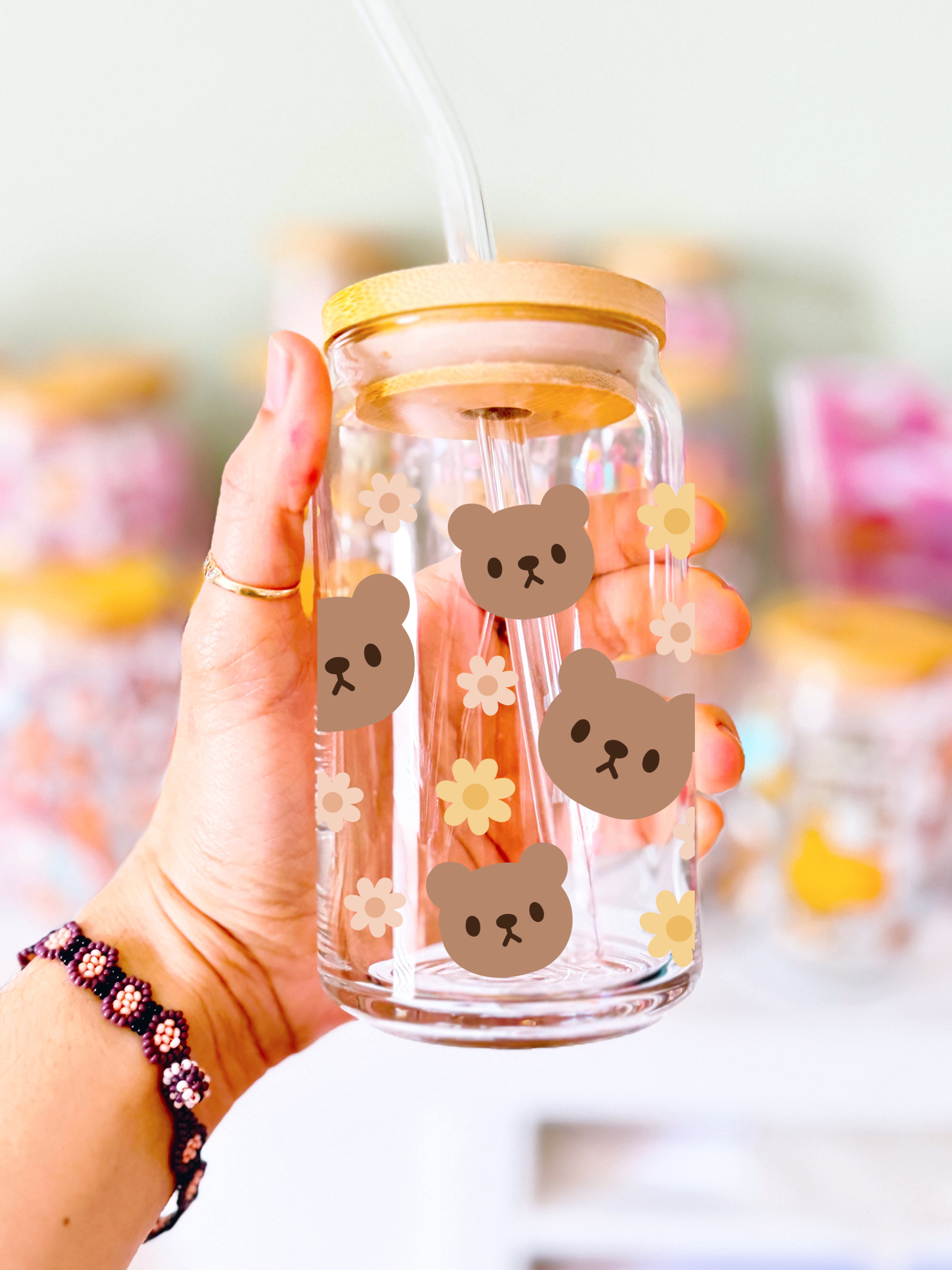 Teddy Bears & Daisies Glass Can