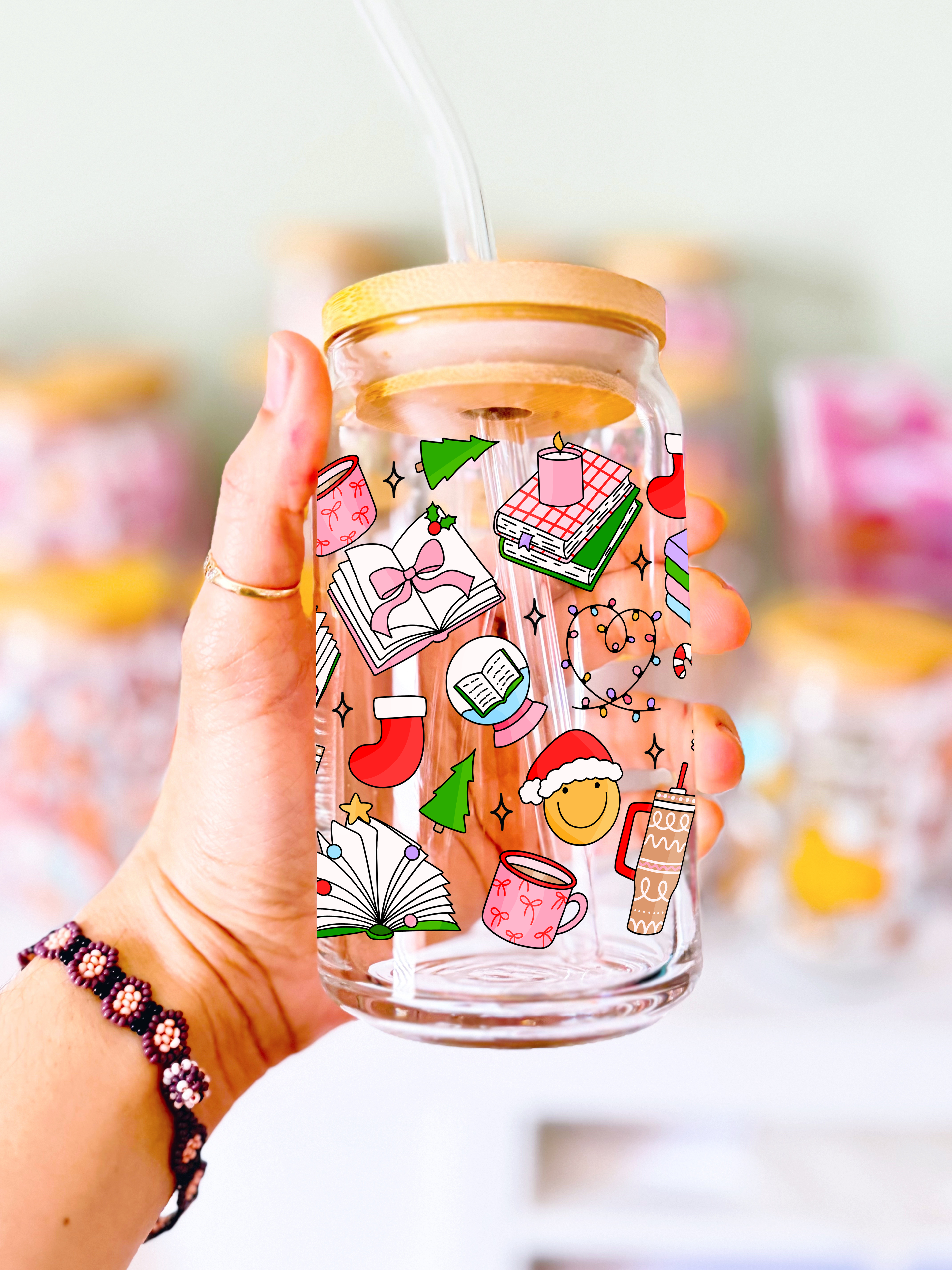 Bookish Christmas Glass Can Cup
