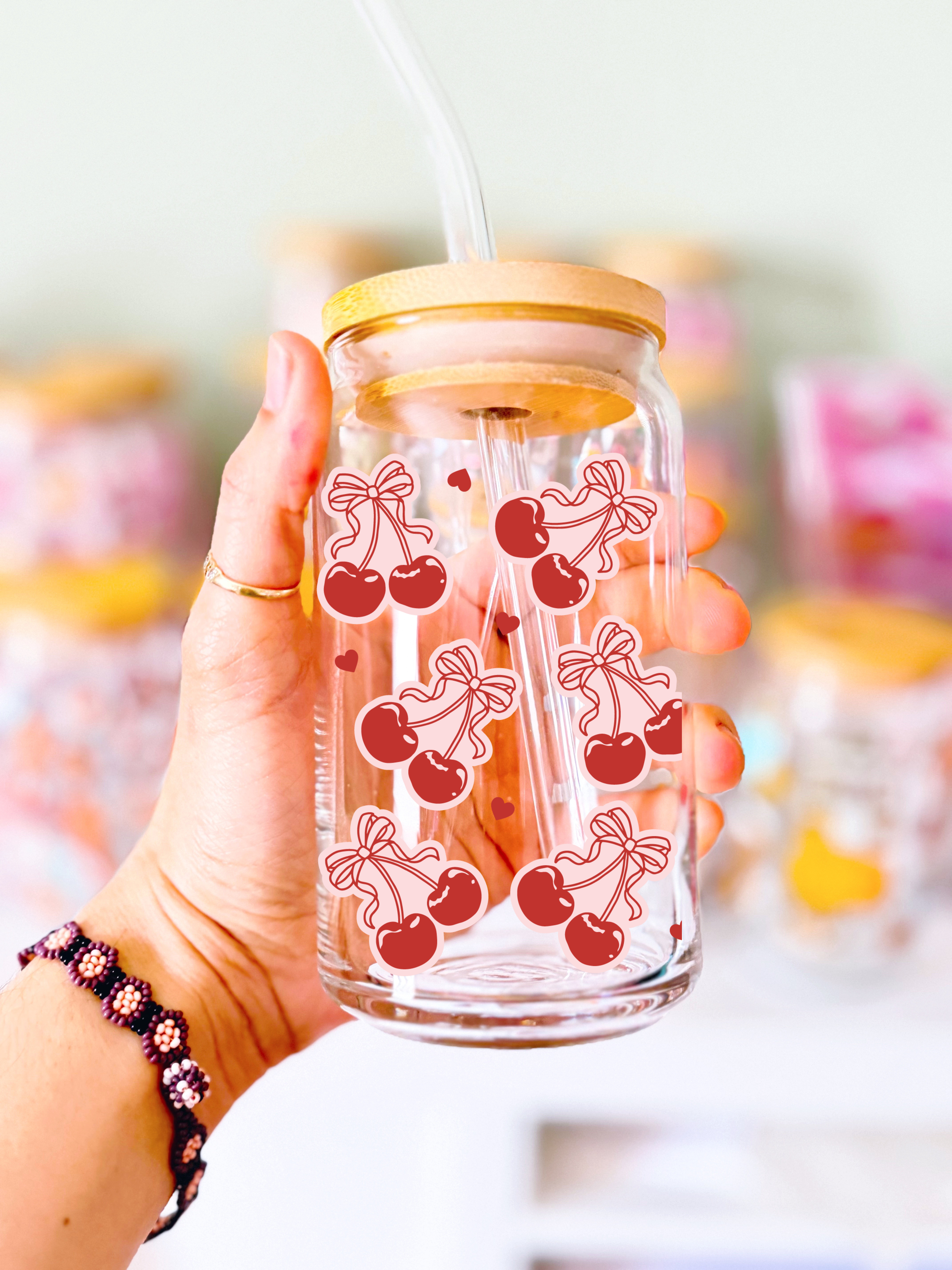 Cherry Bows & Hearts Glass Can
