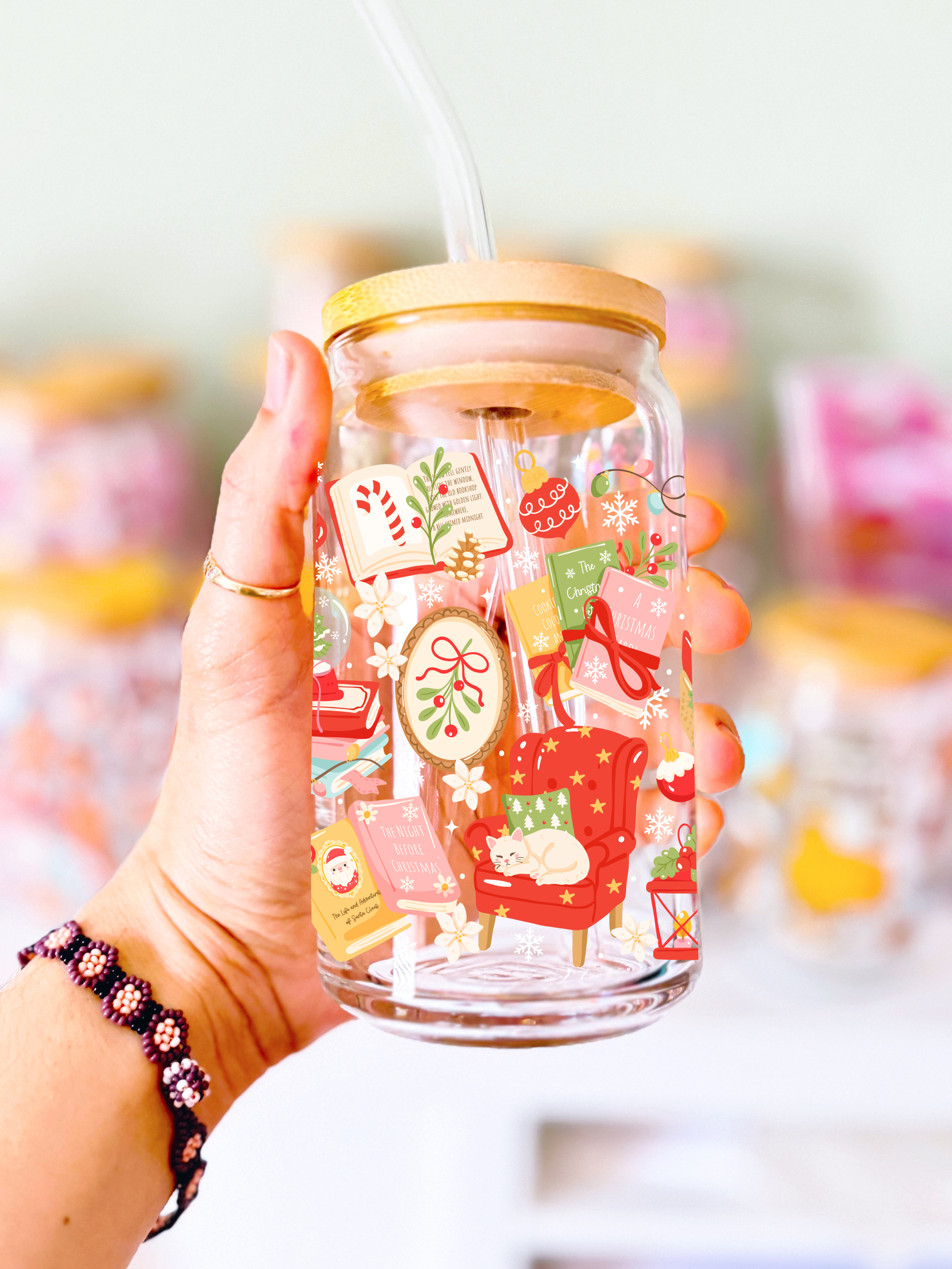 Bookish Christmas Glass Can