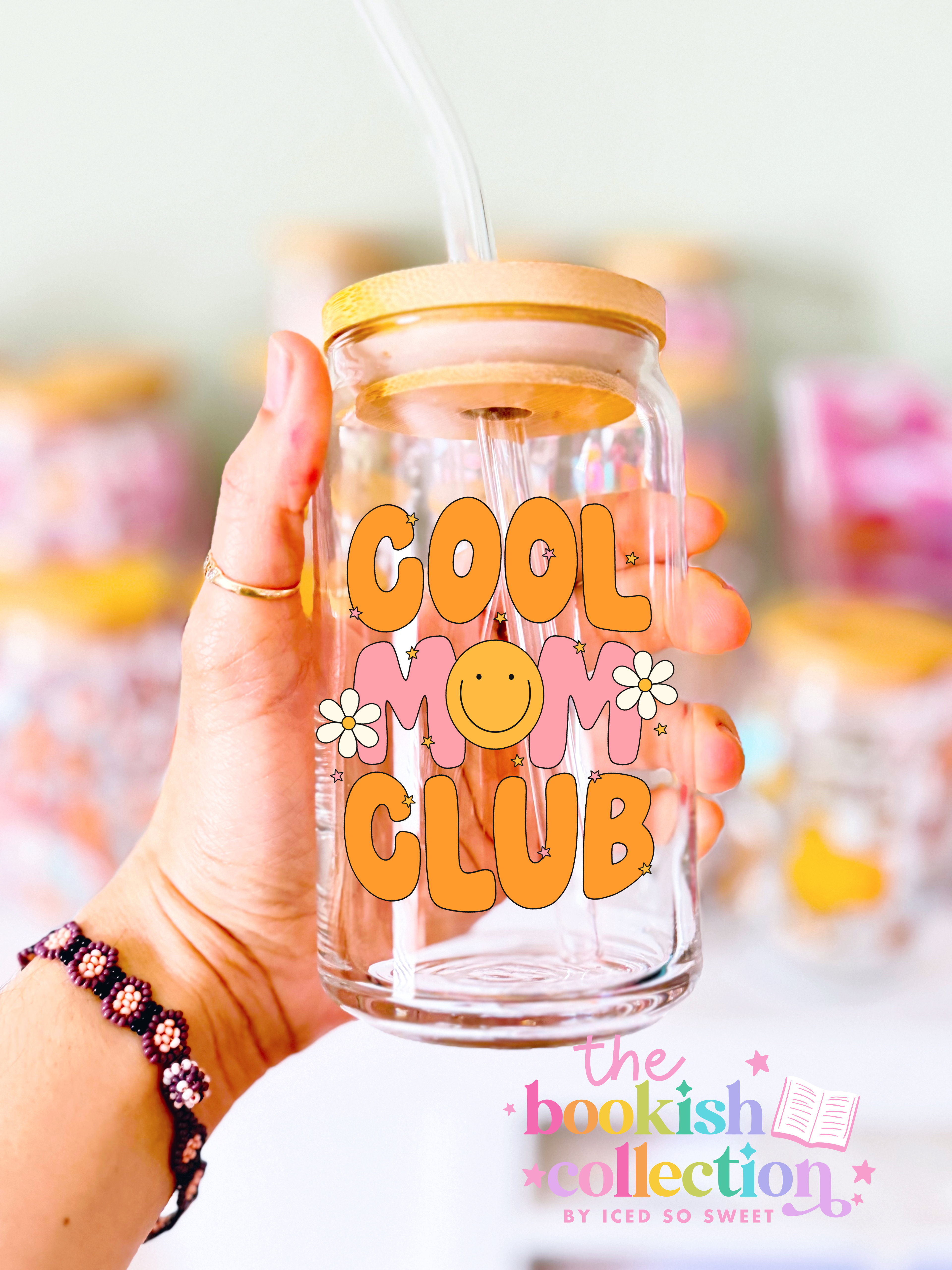 Cool Mom Club Glass Can Cup | 16 oz or 20 oz Cute Mom Iced Coffee Cup | Retro Floral Glass Cup