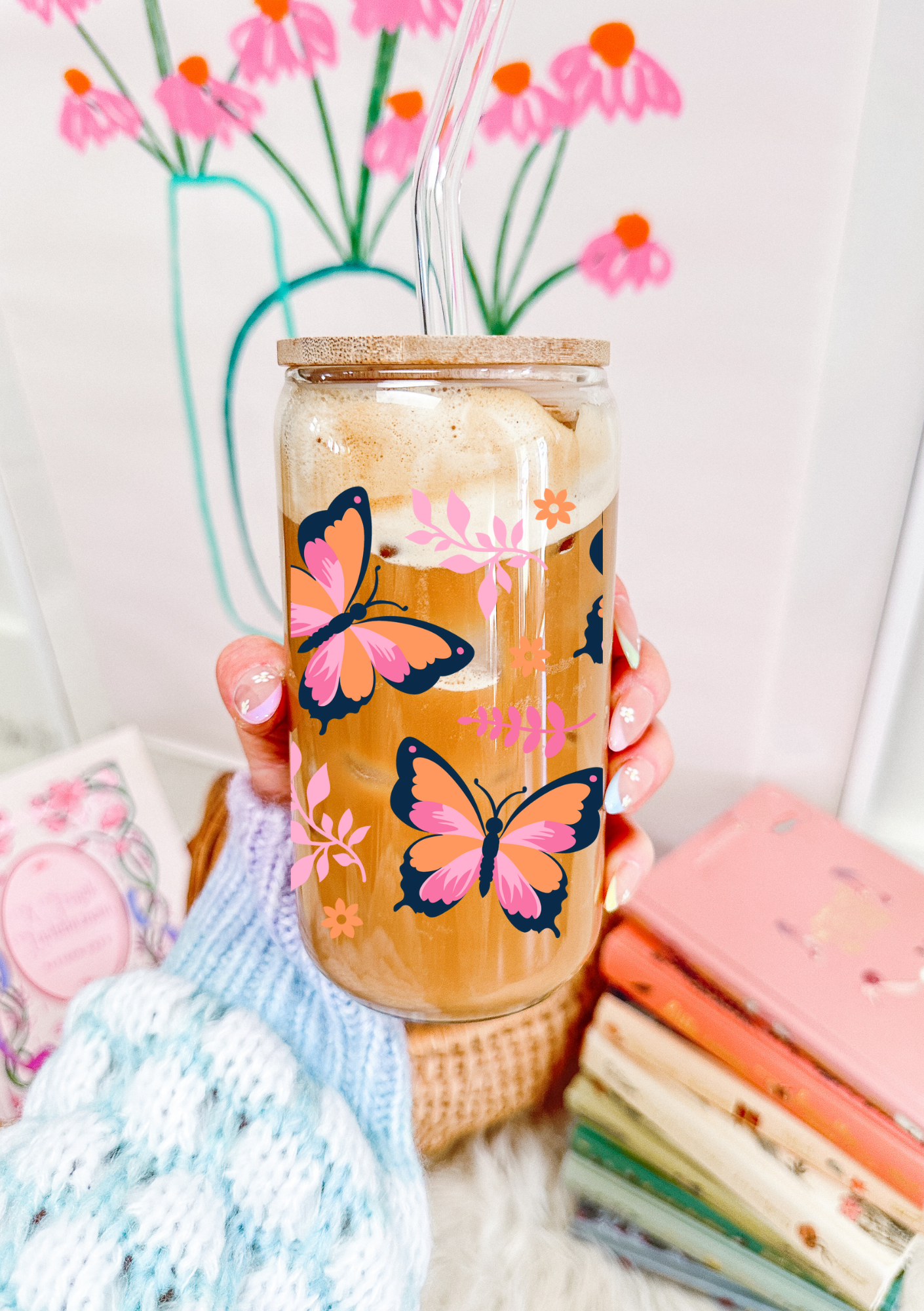 Floral Butterfly Glass Can Cup
