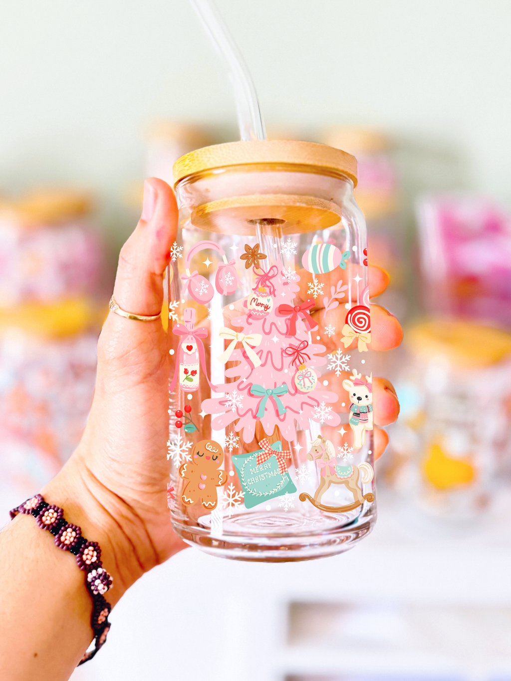 Pink Christmas Glass Can