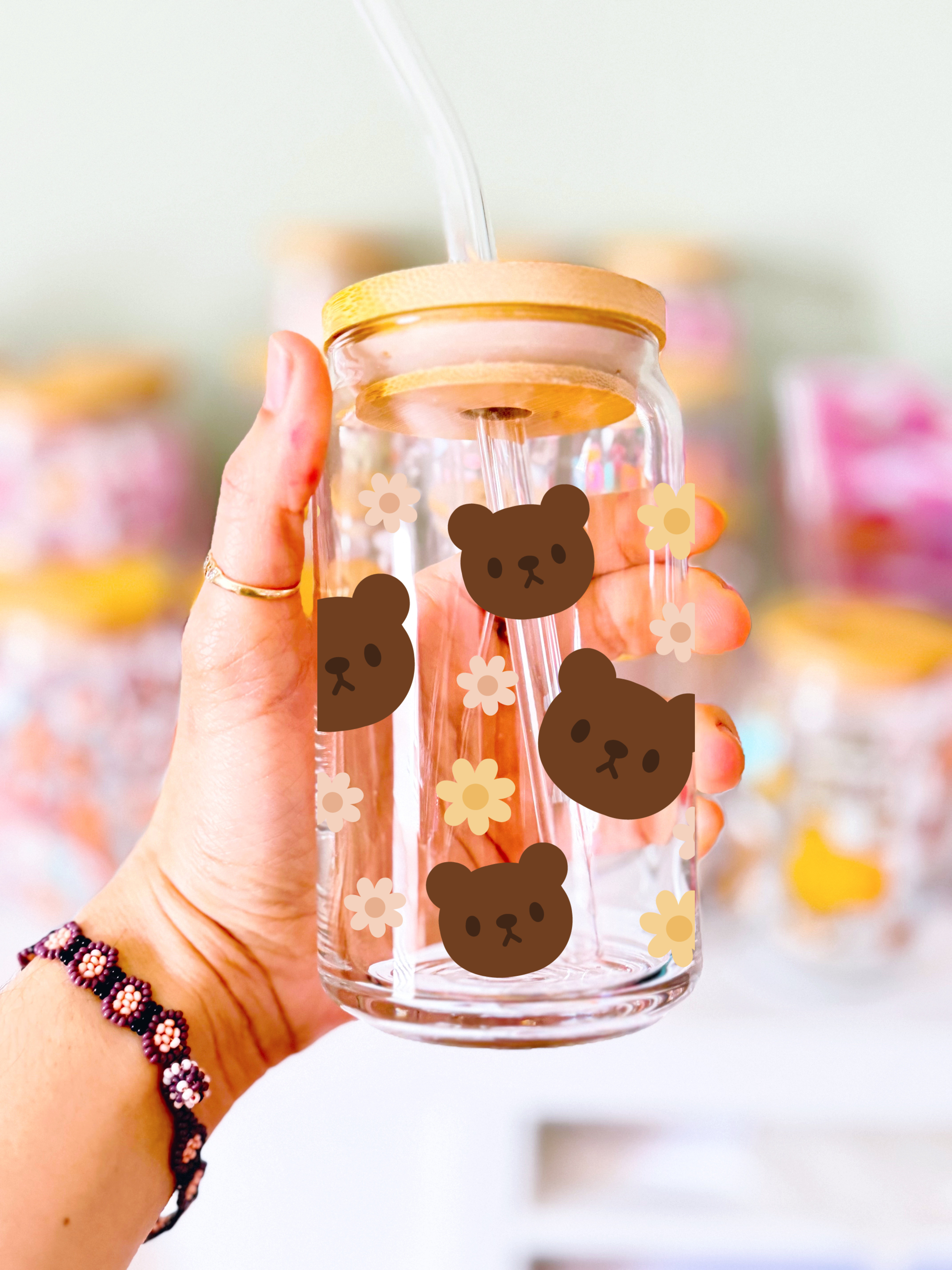 Teddy Bears & Daisies Glass Can